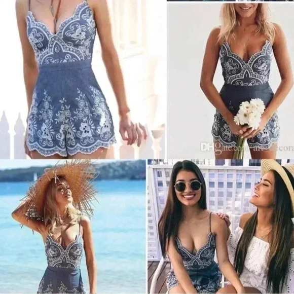 Simplee Embroidered Romper,Blue/White Zipper back, adjustable straps Size small - Picture 2 of 14
